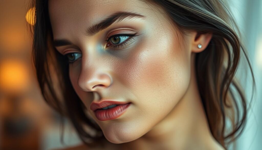 A serene close-up portrait of a woman's face, her skin glowing with a natural, dewy radiance. Soft, diffused lighting from the side casts gentle shadows, accentuating the delicate features. Her eyes are enhanced with a subtle, earthy eyeshadow palette, while her lips are painted with a sheer, nourishing tint. The overall look is effortless, highlighting her natural beauty. In the background, a blurred, warm-toned setting suggests an intimate, indoor environment, adding to the tranquil atmosphere. Captured with a shallow depth of field, the focus remains on the woman's serene expression and the natural, radiant makeup. A serene close-up portrait of a woman's face, her skin glowing with a natural, dewy radiance. Soft, diffused lighting from the side casts gentle shadows, accentuating the delicate features. Her eyes are enhanced with a subtle, earthy eyeshadow palette, while her lips are painted with a sheer, nourishing tint. The overall look is effortless, highlighting her natural beauty. In the background, a blurred, warm-toned setting suggests an intimate, indoor environment, adding to the tranquil atmosphere. Captured with a shallow depth of field, the focus remains on the woman's serene expression and the natural, radiant makeup.