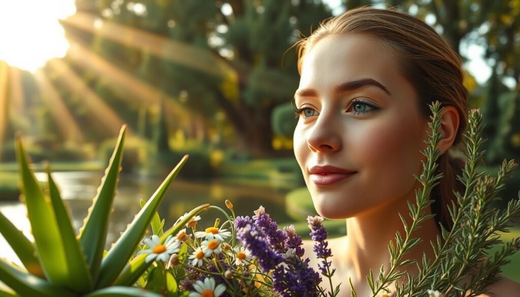 A serene, natural skincare scene. In the foreground, a array of organic botanical ingredients - aloe vera, chamomile, lavender, and rosemary. Delicate rays of warm, golden light filter through the middle ground, illuminating the healthy, glowing skin of a model's face. The background features a lush, verdant garden with towering trees and a tranquil pond, radiating a sense of harmony and balance. The overall mood is one of purity, simplicity, and a reconnection with nature. Captured with a soft, dreamy lens and natural lighting to accentuate the natural beauty. A serene, natural skincare scene. In the foreground, a array of organic botanical ingredients - aloe vera, chamomile, lavender, and rosemary. Delicate rays of warm, golden light filter through the middle ground, illuminating the healthy, glowing skin of a model's face. The background features a lush, verdant garden with towering trees and a tranquil pond, radiating a sense of harmony and balance. The overall mood is one of purity, simplicity, and a reconnection with nature. Captured with a soft, dreamy lens and natural lighting to accentuate the natural beauty.